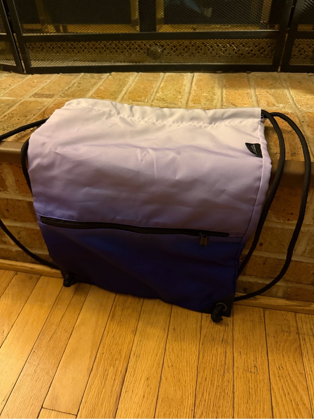Two-Tone Purple Drawstring Backpack with Front Zip Pocket